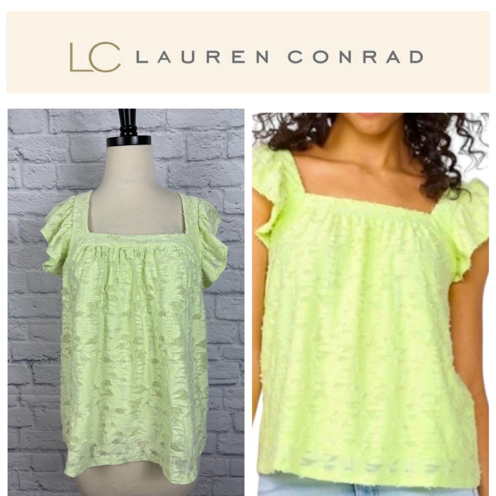 Lauren Conrad Textured Ruffled Sleeve Tank Top Ilusion Green Size M